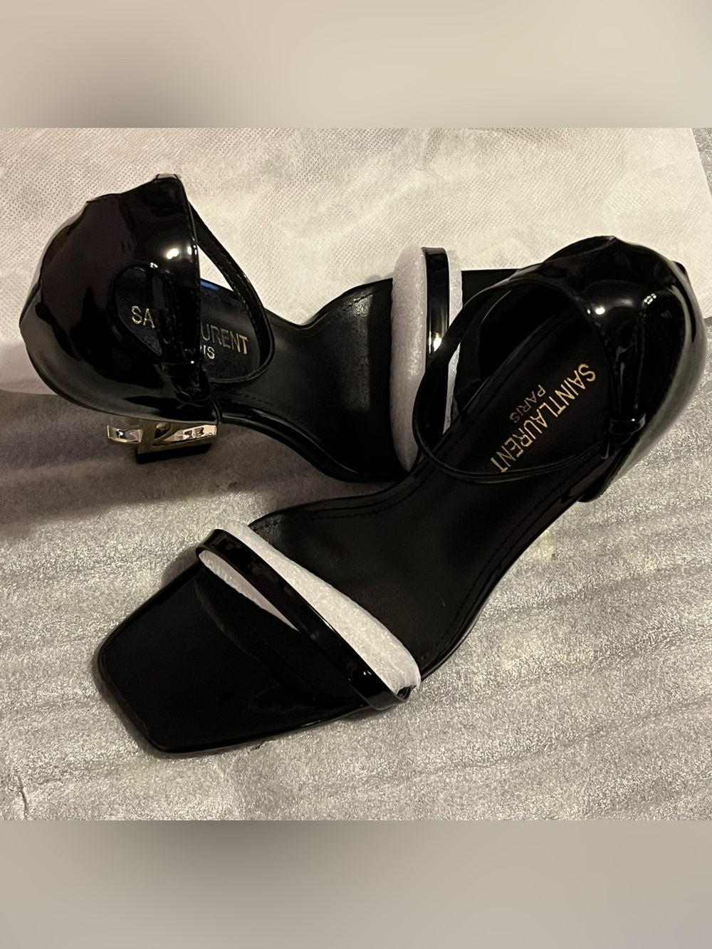 Saint Laurent Black Patent Leather Two-Strap Mid-Heel Sandals with Silver Accent
